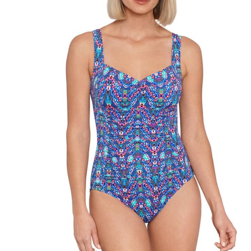 Swim Solutions Women's Tummy-Control Shirred One-Piece Swimsuit (Navy Multi, 12)